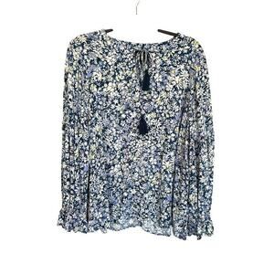 Lane Bryant Floral Blouse Top Shirt Womens Size 14/16 Blue White Tassel Flowy